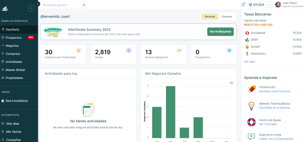 Dashboard CRM Inmobiliario AlterEstate.